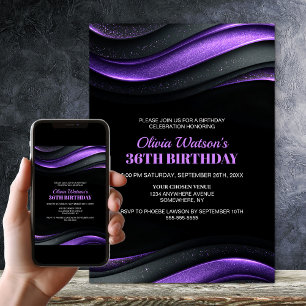 Modern Black and Purple Any Age Birthday Party Invitation