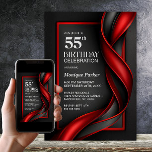 Modern Black and Red 55th Birthday Party Invitation