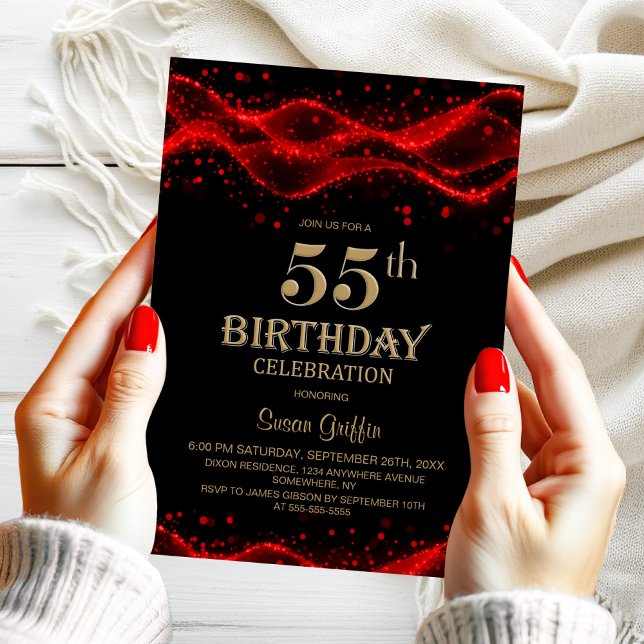 Modern Black and Red 55th Birthday Party Invitation (Creator Uploaded)