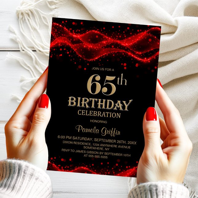 Modern Black and Red 65th Birthday Party Invitation (Creator Uploaded)