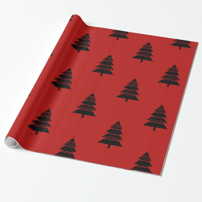 Modern Black and Red Christmas Tree Pattern Wrapping Paper (Unrolled)