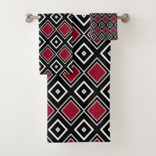 Modern Black and Red Geometric Diamond Pattern Bath Towel Set
