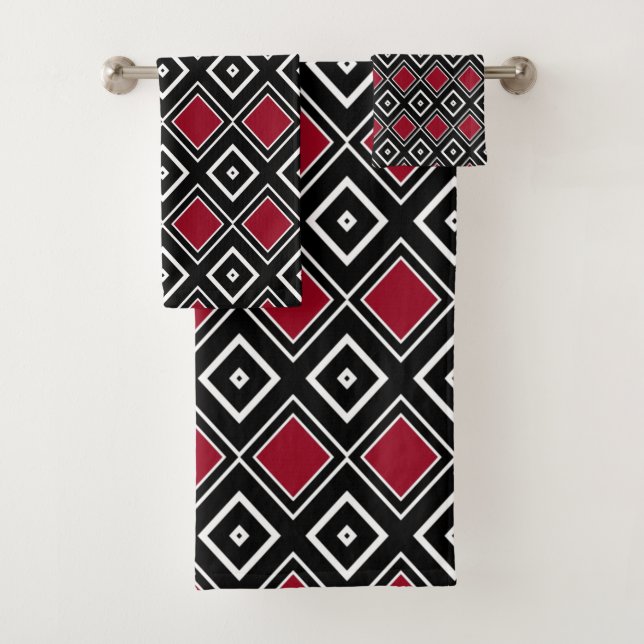 Modern Black and Red Geometric Diamond Pattern Bath Towel Set (Insitu)