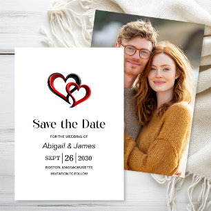 Modern Black and Red Hearts Wedding Save the Date