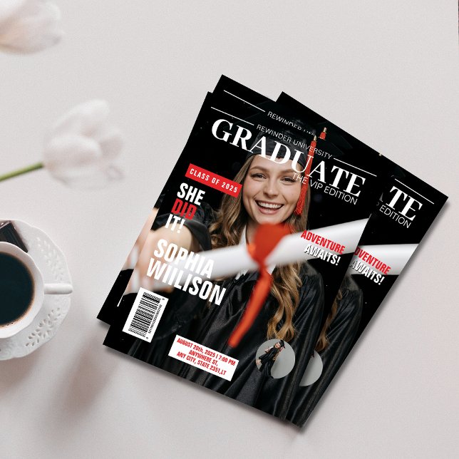 Modern black and red magazine photo graduation invitation (Creator Uploaded)