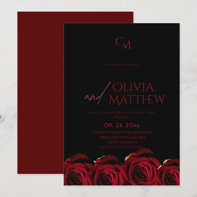 Modern Black and Red Roses Wedding Invitation (Front/Back)