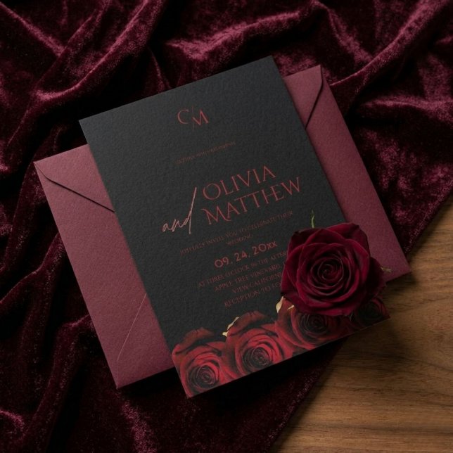 Modern Black and Red Roses Wedding Invitation (Creator Uploaded)