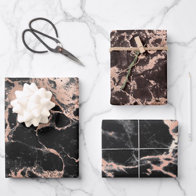 Modern Black and Rose Gold Marble Patterns Wrapping Paper Sheet (Front)