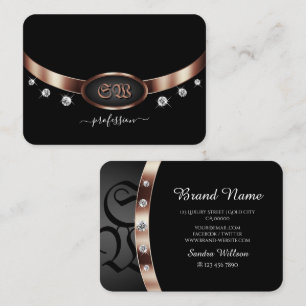 Modern Black and Rose Gold with Monogram Jewels Business Card