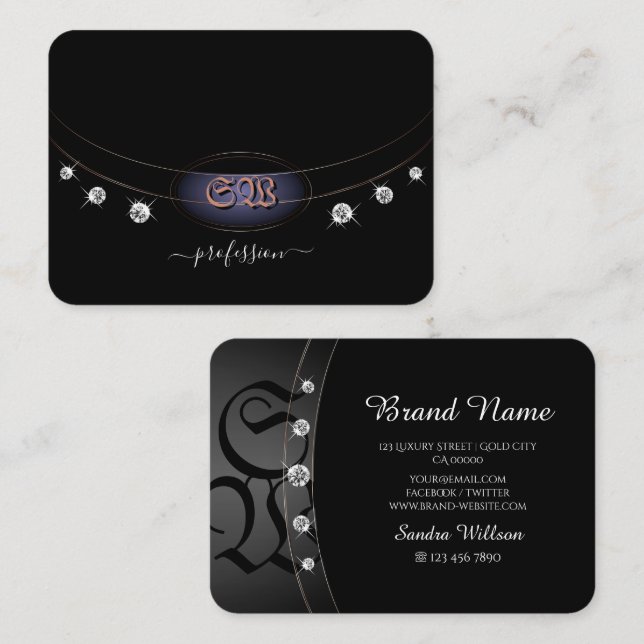 Modern Black and Rose Gold with Monogram Jewels Business Card (Front/Back)