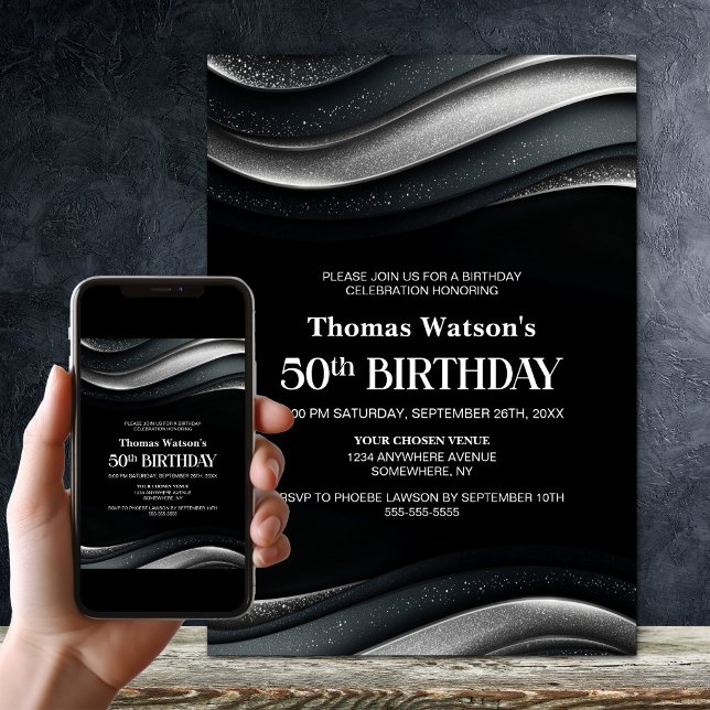 Modern Black and Silver 50th Birthday Party Invitation (Creator Uploaded)
