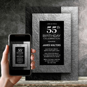 Modern Black and Silver 55th Birthday Party Invitation
