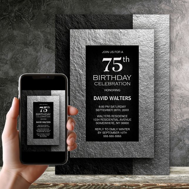 Modern Black and Silver 75th Birthday Party Invitation (Creator Uploaded)