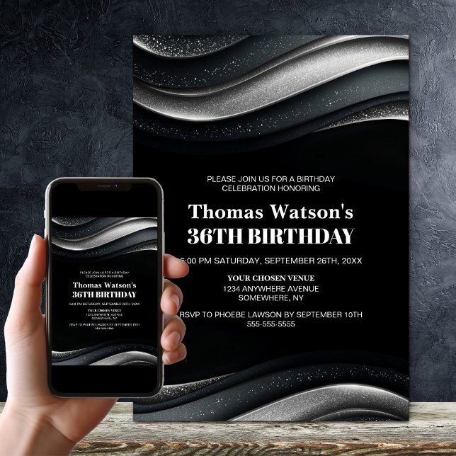 Modern Black and Silver Any Age Birthday Party Invitation (Creator Uploaded)