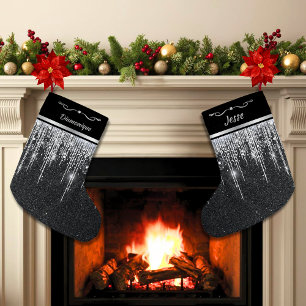 Modern Black and Silver Elegant Script Name Small Christmas Stocking