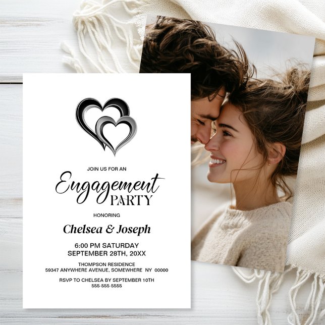 Modern Black and Silver Hearts Engagement Party Invitation (Creator Uploaded)