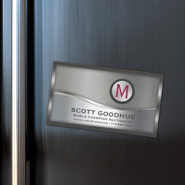 Modern Black and Silver Metal Framed Monogram LOGO Magnetic Business Card (Creator Uploaded)