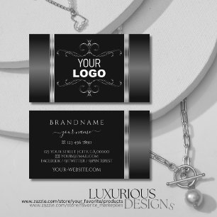 Modern Black and Silver Ornate Ornaments with Logo Business Card