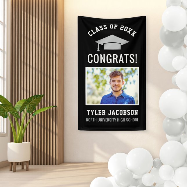 Modern Black and Silver Photo Graduation Party Banner (Creator Uploaded)