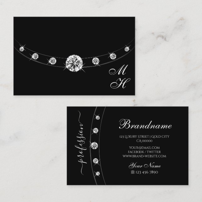 Modern Black and Silver with Monogram Professional Business Card (Front/Back)