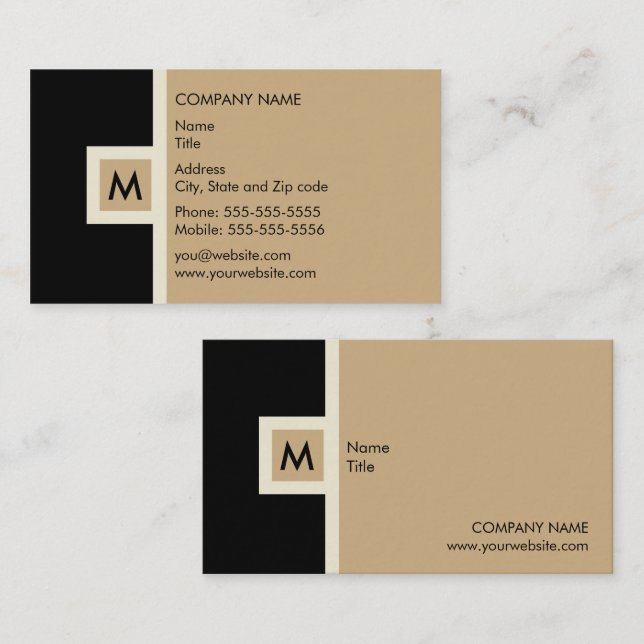 Modern Black and Tan Monogram Business Card (Front/Back)