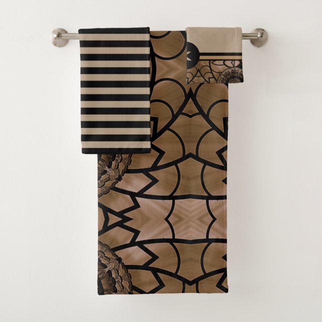 Modern Black and Tan Pattern Bath Towel Set (Insitu)