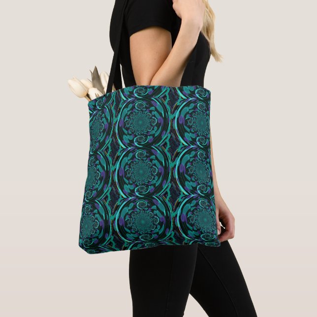 Modern Black and Teal Fractal Pattern Tote Bag (Close Up)