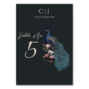 Modern Black and Teal Peacock Wedding Table Number