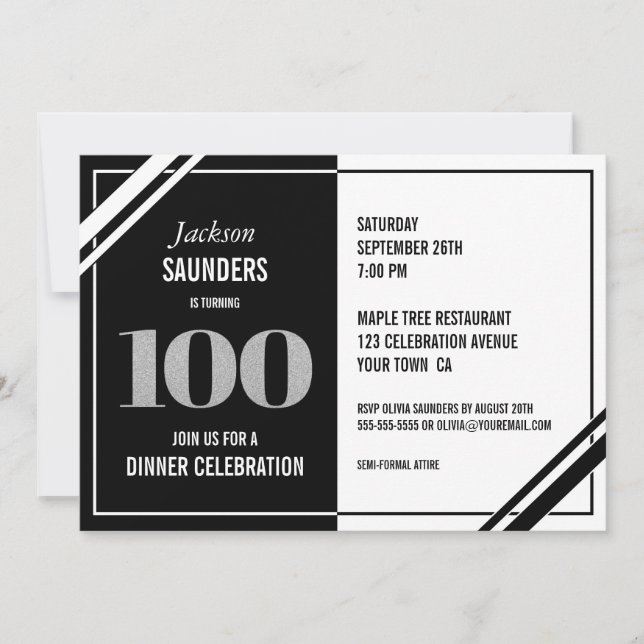 Modern Black and White 100th Birthday Dinner Invitation (Front)