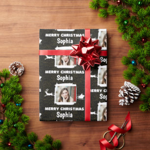 Modern Black and White 1 Photo Merry Christmas Wrapping Paper