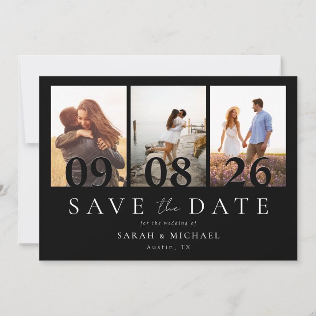 Modern Black and White 3 Photo Collage Wedding Save The Date (Front)
