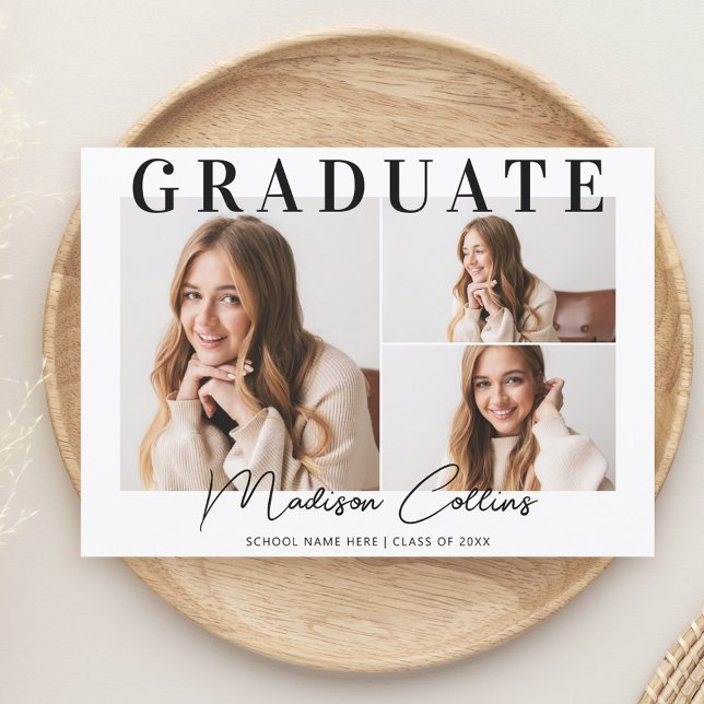 Modern Black and White 3 Photo Graduation Party Invitation (Creator Uploaded)
