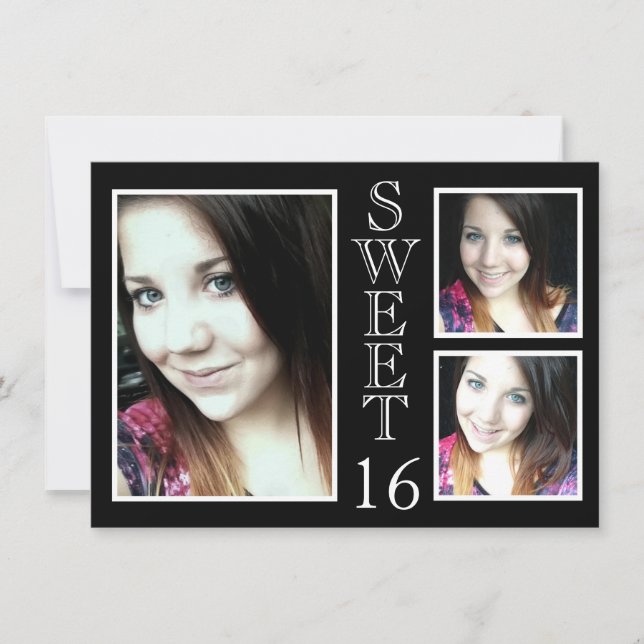 Modern Black and White 3 Photo Sweet 16 Invitation (Front)