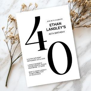 Modern Black and White 40th Birthday Party Invitation