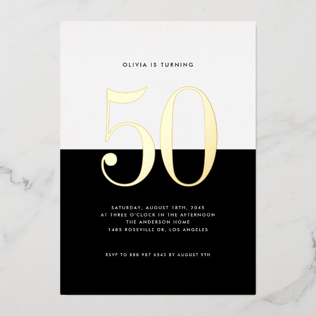 Modern Black and White 50th Birthday Gold Foil (Front)