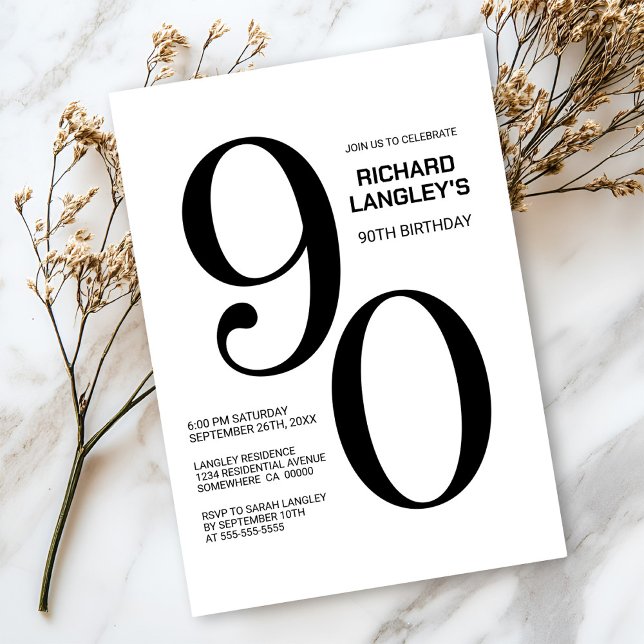 Modern Black and White 90th Birthday Party Invitation (Creator Uploaded)