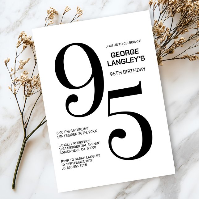 Modern Black and White 95th Birthday Party Invitation (Creator Uploaded)