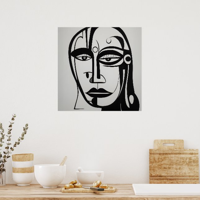 Modern Black and White Abstract Face Art Poster (Kitchen)