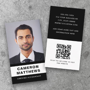 Modern black and white add photo QR code Business Card