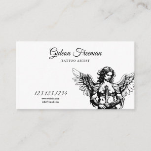 Modern Black and White Angel Tattoo Artist Business Card