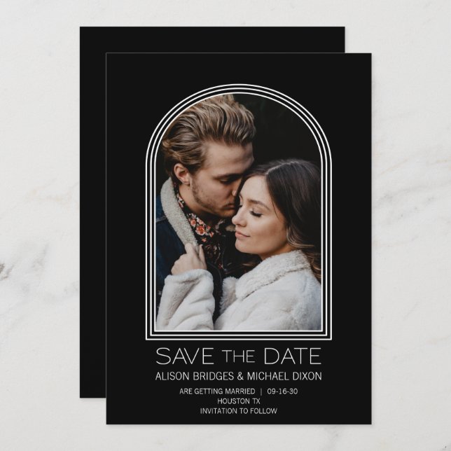 Modern Black and White Arch Photo Save the Date (Front/Back)