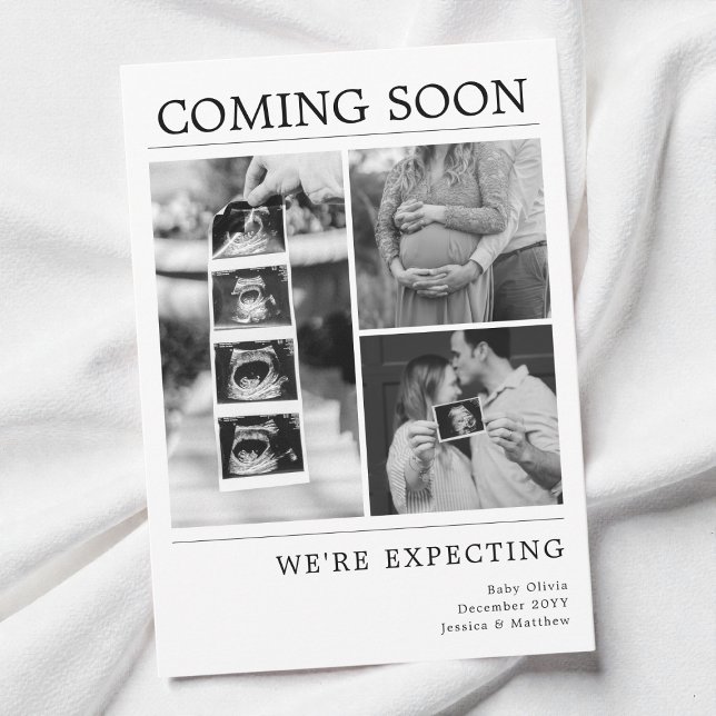 Modern Black and White Baby Photo Pregnancy Reveal Announcement (Modern Black and White Baby Photo Pregnancy Reveal Announcement)