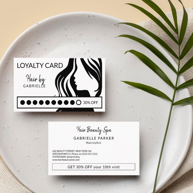 Modern black and white beauty salon loyalty punch business card (Creator Uploaded)
