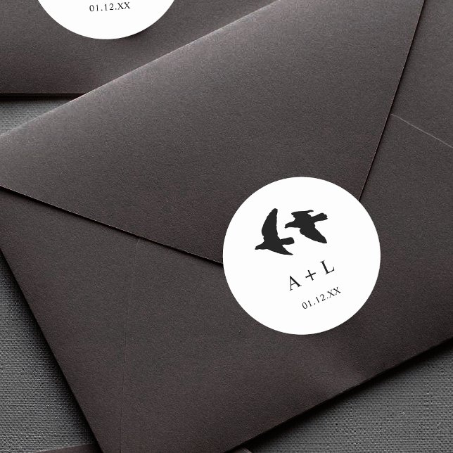 Modern Black and White Birds Wedding Monogram Classic Round Sticker (Creator Uploaded)