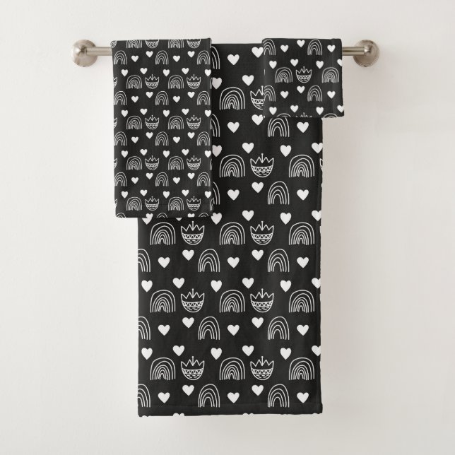 Modern Black and White Boho Rainbow Hearts Tulips Bath Towel Set (Insitu)