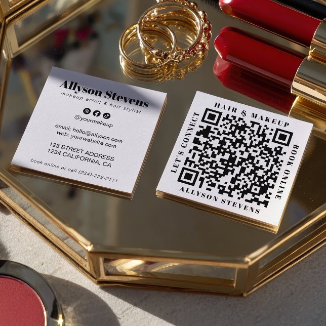 Modern Black and White Bold QR Code Hair & Makeup Square Business Card (Modern Black and White Bold QR Code Hair & Makeup Square Business Card)