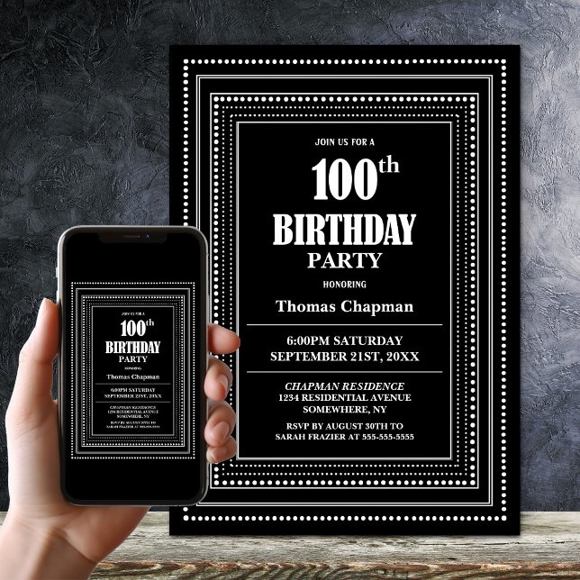 Modern Black and White Border 100th Birthday Party Invitation (Creator Uploaded)
