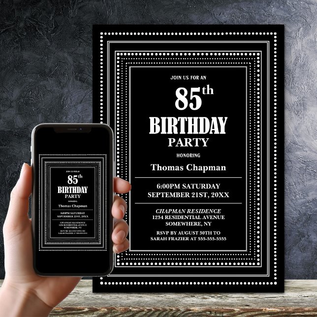 Modern Black and White Border 85th Birthday Party Invitation (Creator Uploaded)