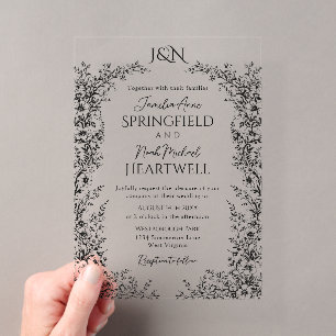Modern Black and White Botanical Wedding Acrylic Invitations