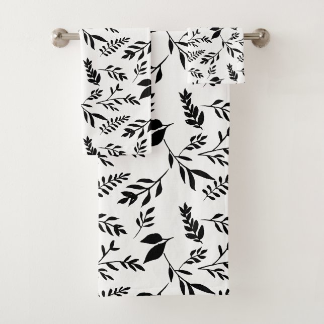Modern Black and White Botanicals Leaves | Bath Towel Set (Insitu)